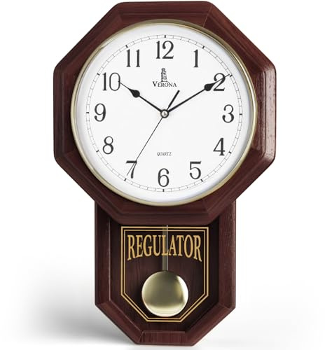 Pendulum Wall Clock - Real Wood Regulator Clock - Schoolhouse Design - Quiet, Non-Chiming, Wooden & Battery Operated - Decorative Wall Decor for Living Room, Home, Office 18x11