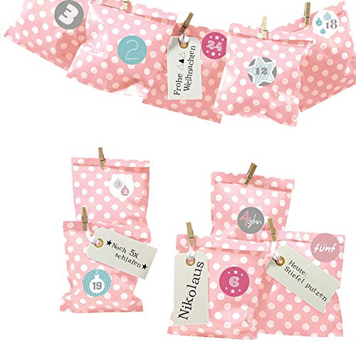 Frau WUNDERVoll® DIY Adventskalender zum Befüllen Bescherung: Set Punkt 147, Papiertueten flach 13x16,5cm, rosa Punkt, Ziffern Pastell