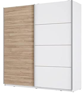 FORTE JAWA Schrank 200, Kleiderschrank, Schwebetürenschrank Skandinavisch Schlafzimmer 2-türig Einlegeböden und Kleiderstange, Weiß / Holzdekor: Bianco Eiche, 200 cm breit x 210 cm hoch x 61 cm tief