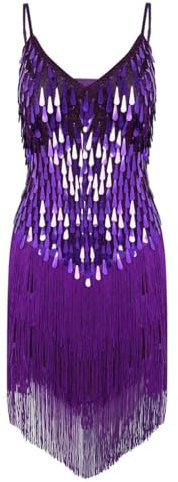Agoky Femme Robe À Franges Paillette Brillante Robe De Latine Tango Salsa Rumba Tenue Soirée Bal Compétition Dansewear S Violet Taille Unique