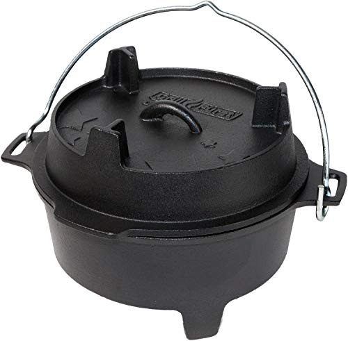 Grillfürst Dutch Oven ca. 4 Liter - stabil stehender Feuertopf durch speziell entwickelte T-Füße, hitzebeständiger Gusseisen Topf, Deckel als Pfanne nutzbar, DO 4
