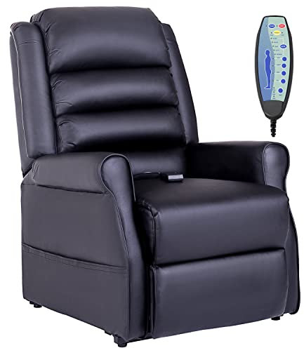 HOMCOM Sessel mit Aufstehhilfe, Massagesessel mit Liegefunktion, Relaxsessel mit Becherhalter, Aufstehsessel mit Fernbedienung, aus Kunstleder, Schwarz