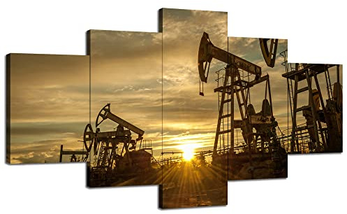 Oil Pump Wall Art OilField Wall Decor Crude Oil Picture Pump Jack Canvas Print Poster Painting Framed Home Living Room Bedroom Decoration Ready to Hang(60''Wx32''H)