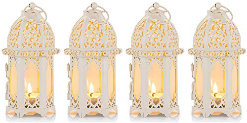 Nuptio Lanterna a 4 Candele in Stile Marocchino - Portacandele Tealight di Piccole Dimensioni con Pannelli in Vetro Trasparente Grande per Patio/Esterni, Feste e Matrimoni, Bianco
