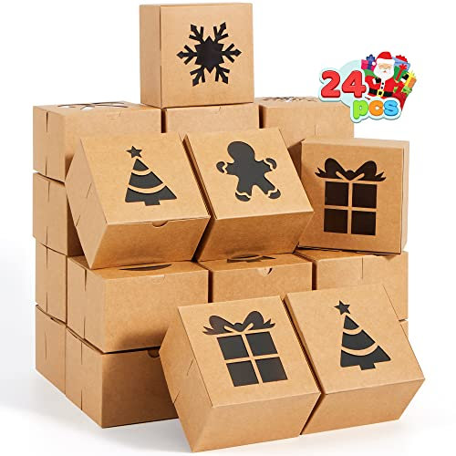 JOYIN 24 PCS Brown Bakery Boxes with Window, 4x 4x 2.5 Small Kraft Cookie Boxes for Christmas Cupcakes, Cookies, Brownies, Donuts, Truffles Gift-Giving