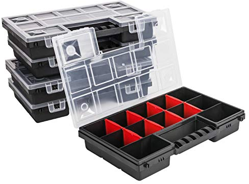 5x Sortimentskasten – 185 x 290 x 50 mm - Kleinteilemagazin mit Transparent Deckel Sortierkasten Sortierkoffer Werkzeugbox Sortimentskoffer Kasten mit herausnehmbaren Fächern