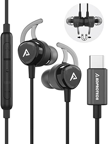 ADPROTECH USB C Headphones, Type C Earbuds Magnetic Wired Earphones with Microphone and Volume Control Compatible with Google Pixel Xiaomi Samsung Oneplus Sony MacBook Black
