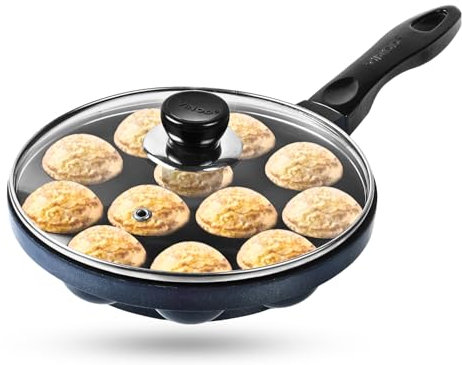 Vinod Zest Aluminium Non Stick Paniyarakal with Glass Lid - 12 Cavities, 20.5Cm | 3Mm Thick | 3 Layer Coating | Metal Spoon Friendly |Toxin Free | 1 Year Warranty - Black