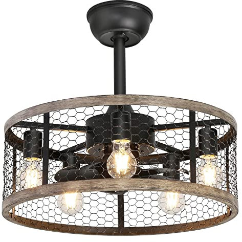 Ohniyou 20'' Caged Rustic Farmhouse Ceiling Fan with Lights Remote Control, Reversible Motor, 6 Speeds, 4 Hours Timing Ceiling Fan Light Fixture for Dining Room Bedroom