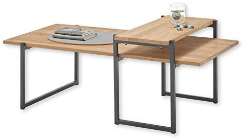 ELLIOT Couchtisch 2er Set Massivholz Eiche - Hochwertiges Sofatisch Set mit schwarzem Metallgestell - 118 x 48 x 64 cm (B/H/T)