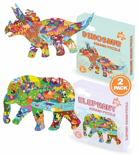 Elephant and Dinosaur Jigsaw Puzzle for Kids Entertainment Animal Jigsaws Puzzles Unique Shape Birthday for Children Age 4 5 6 7 8 9 10 Years Large Jigsaw Puzzle - Pack of 2
