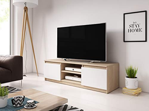 Mueble de TV 120 cm Dingo, Mueble de televisión, Mueble de TV con Patas, Mesa de TV, sin iluminación LED, Distintos Colores (Castaño) (Sonoma/Blanco)