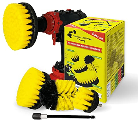 Kornely Brosse de Perceuse Premium – Semi-Souple 5 pièces (13/10/8,5/5 cm + rallonge 15 cm) | Brosse Anti-Rayures pour Carrelage, Joints, Douche, Fibre de Verre et Céramique