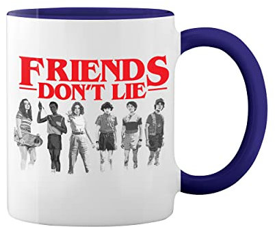 Friends don't lie Art inspired by Dune Weiße Tasse Mug mit blauem Felgen und Griff