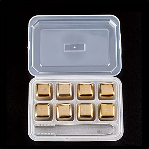 Whisky-Steine, goldene Eiswürfel aus Edelstahl, Wiederverwendbare Kühlsteine aus Metall, Felsen und zusätzliche Zangen, Set für Männer, Vater, Freund, 8 Whisky-Steine