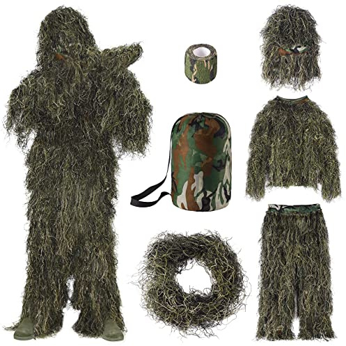 Seeutek Ghillie - Traje dorado 5 en 1, ropa de caza de camuflaje 3D, disfraz de Gillie Bush, incluye chaqueta, pantalones, capucha, bolsa de transporte y cintas de camuflaje, adecuado para hombres de