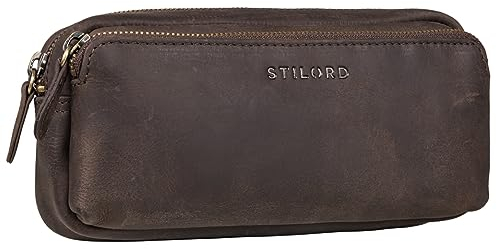 STILORD 'Melissa' Federmäppchen Leder Groß Vintage mit Reißverschluss Stiftemappe Großes Etui Schule Uni Echtleder Kosmetiktasche für Damen und Herren, Farbe:dunkel - braun
