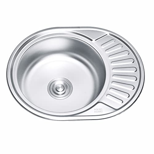 ANW HOME Küchenspüle Edelstahl mit Abtropffläche 57x45 cm mit Siphon, Spüle Küche, Waschbecken Klein Rund, Spülbecken Küche, Spüle Spülbecken Edelstahl, Kitchen Sink Satin