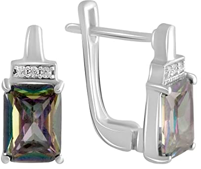 925 Sterlingsilber Huggie Ohrringe Englisch Schloss über Baguette Mystic Topas Mehrfarbig Steingewicht [ct]: 4,9 Karat, Gewicht 3,79 g und rhodinierte Oberfläche, Sterling Silber, Künstlicher Topas