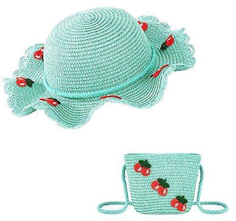 HONGXIN-SHOP Strohhut und Tasche Set Mädchen Sonnenhüte Strohhut mit Breiter Krempe Strandhut mit Kirsche Dekoration für Urlaub Reise und Strand (Minze/Klein)
