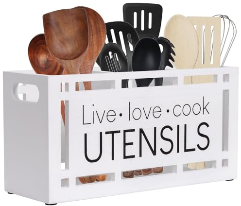 Karisky Utensil Holder for Kitchen Counter, Large 3 Compartments Solid Real Wood Utensil Caddy Organizer with 4 Non-Slip Pads, Rectangular Cooking Tools Storage for Countertop, White