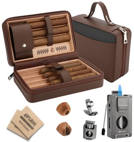 LIHTUN Cave à cigares de Voyage en Cuir avec kit Allume-Cigare Multifonction 5 en 1 – Cave à cigares de Voyage Portable avec 2 Packs de contrôle d'humidité bidirectionnels intégrés