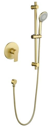 TapLong 06161BG Duschstange, verstellbar, 3-Funktions-Handbrause, Duschsystem mit druckausgleichendem Messingventil (gebürstetes Gold), 06161BG