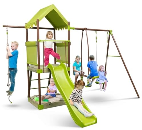 GOPLUS 7 in 1 Spielturm Klettergerüst, Stelzenhaus Outdoor mit Kletterseil, Leiter, Kletterturm, Rutsche, Sandkasten, Wippe, Schaukelbrett, Spielplatz für den Garten, Kinder ab 3, Grün