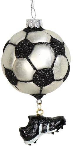 Christbaumschmuck Glas 11,8cm - Fußball Figur zum Aufhängen - handbemalt & mit Glitzer - Weihnachtsbaum Anhänger für Weihnachten - Christbaumanhänger & Weihnachtsbaumschmuck - Sport Ball Schwarz Weiß