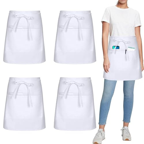 umboom 4 Piezas Delantal de Camarero Blanco, Corto Cocina Delantales con 3 Bolsillos para Mujer Hombre Chef, Mandil para Restaurante Peluqueria Jardinería Cafetería Bar (Polialgodón - Blanco)