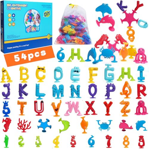 Dazhtu Saugnapf Spielzeug Kinder,54 Stück Montessori Spielzeug,Badewannenspielzeug,Sensorisches Sauger Spielzeug,Sucker Toys Darts,Reise Spielzeug,Silikon Sauger Spielzeug für 3+ Jahre Jungen Mädchen
