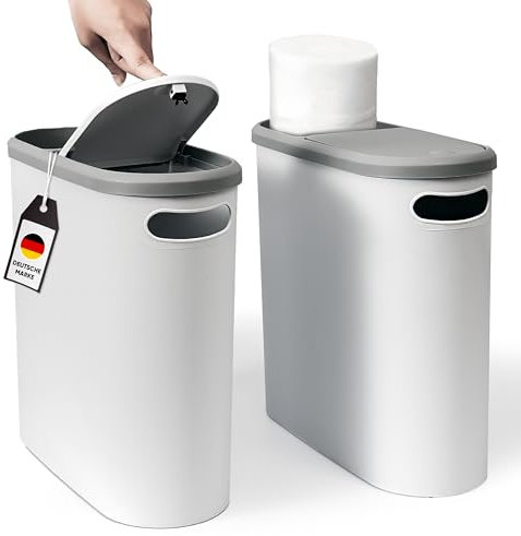Vividron Kleiner Mülleimer mit Deckel 10L, schmaler Abfalleimer mit Pressfunktion, für Bad, Küche und Schlafzimmer, platzsparender Müllbehälter für hygienische Entsorgung (2, Grau, Weiß)