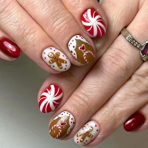 Christmas Fake Nails with Glue - 24PCS Red False Nails Short - Press on Nails Square - Strong Glue Stick on Nails - Full Cover Nail Tips and Glue with Gingerbread Man Candy Design
