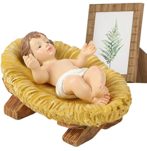 YNPQTDS Jesuskind Figur mit Krippe, Kunstharz Krippen-Skulptur für Weihnachtsdekoration, Weihnachtsbaby Jesus und Manger Set, Baby Jesus in Krippe Figur, handbemalte Minis Baby Jesus Figur