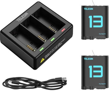 TELESIN Charger Kit for GoPro HERO13 Black, 2 Batteries + Triple Charge Case with Type-C Charging Cable for Go Pro HERO13 Original Batteries Accessories