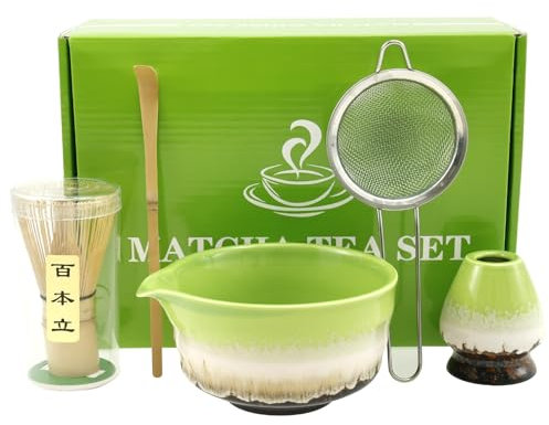 Lot de 5 balais à thé Macha - 550 ml - Avec mousseur - Cuillère à café - Porte-cuillère - Passoire à poudre - Cadeau pour les amateurs de matcha (couleur matcha)