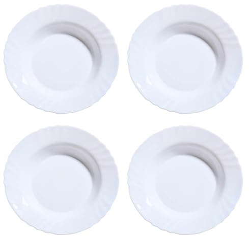UNIQUE HOME LIVING Soup Plates Set of 4, 23.5cm (9) White Tempered Opal Glass Soup Plate Dinnerware Set, Stylish Deep Plate Set, Serving Plates Noodle Pasta Bowls, Dishwasher and Microwave Safe