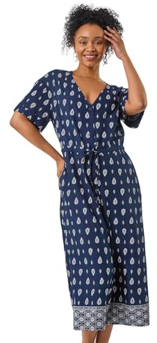 Roman Stretch Wrap Jumpsuit for Women UK Ladies Wide Leg Culotte Summer Spring Everyday Holiday V-Neckline Soft Evening Vacation Work Cocktail Party Going Out - Petite Navy - Size 14