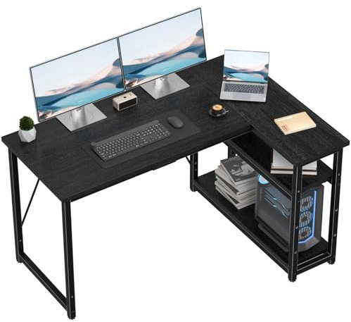TRIUMPHKEY 120 * 80cm L Shaped Computer Desk with Reversible Large Storage Shelves, Corner Desk Computer Workstation Matching Under Desk Height Adjustable Storage, Home Office Work Table Black