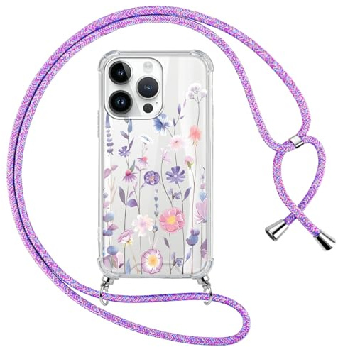 Xylota Coque pour iPhone 14 Pro avec Cordon, Aesthetic Fleur Motif Transparent Etui avec Réglable Collier Corde, Portable Lanyard Antichoc Housse Silicone Bumper Case pour iPhone 14 Pro 6,1'', Violet