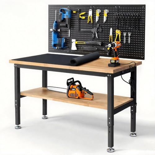 ENJOYWOOD - 60 Garage Workbench Adjustable Height with Under Table Shelf, Dashboard Pad, Outlets, Work Table for Woodworking, Home, Office
