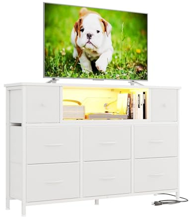 Flrrtenv Chest of Drawers, 8 Fabric Drawers Cabinet, 120CM TV Stand with Power Outlets and LED Lights for 55'' TV, for Bedroom Living Room & Entryway, Home Office, Console Table, White