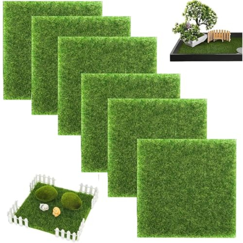 6PCS Fake Grass Mats 15x15cm, Plastic Artificial Model Grass for Diorama, Landscape Models, DIY Crafts, Home Decor, Terrarium Supply
