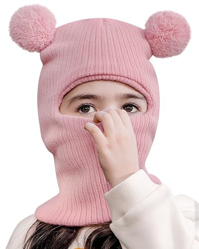 KAKU NANU Kinder Balaclava Schlupfmütze mit 2 Bommeln-Warme Strickmütze für Jungen & Mädchen (2-8 Jahre)-8 Farben:Rot,Blau,Beige,Rosa,Schwarz,Grau,Khaki