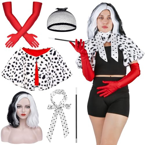 Kitimi Cruella Devil Kostüm Damen, Cruella Kostüm für Damen, Faschingskostüme mit Lange Rote Handschuhe, Weiß Schwarz gepunkteter Schal, Halter und Perücke