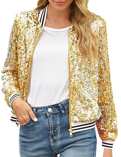 glitzer jacke damen Zip Up Jacke Casual Glänzende Pailletten LeichteJacke Langarm Cardigan Bomberjacke Damen Kurze BlousonJacke Übergangsjacke Party Kostüm Leichte Coat Glitzer Festival (01 Gold, S)