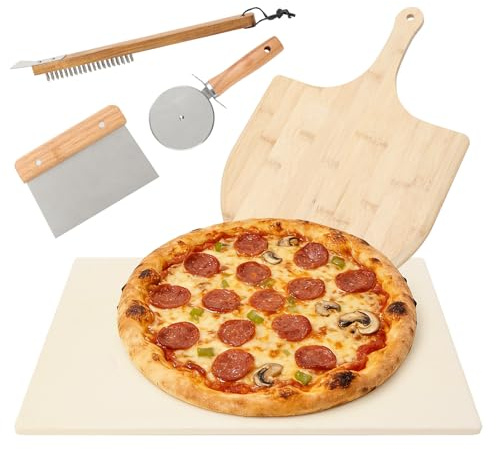 Pizzastein Set 5-teilig mit Pizzaschieber, Pizzarad & Ofenbürste | Pizzastein 38x30cm, Geeignet für Backofen und Grill mit Zubehör für Backen und Reinigen
