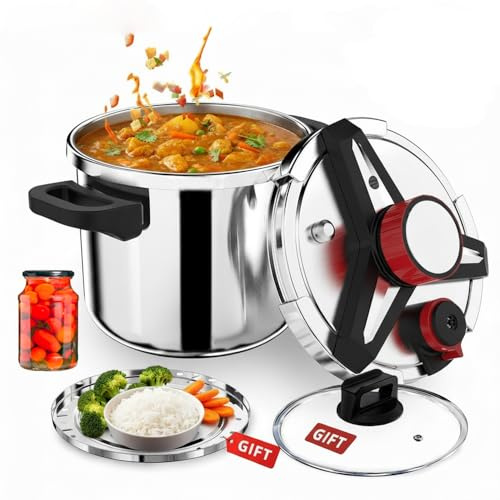12 Liters Olla a Presión 4 en 1 de Acero Inoxidable 304,Antiexplosión,3 Niveles PSI,Tapa de Vidrio y Vaporera,tapa de olla Conserva con Bloqueo de Una Mano,Compatible con Inducción y Gas