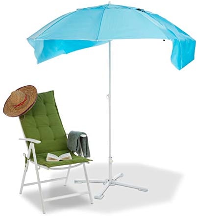Relaxdays Sombrilla Playa, Paravientos, Protección Solar 2 en 1 para Vacaciones, Guarda Sol, con Bolsa, 210x180 cm, Azul