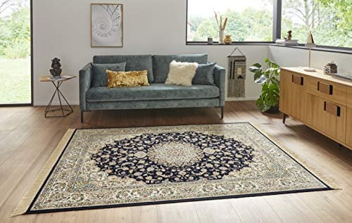 Nouristan Naveh Orient Teppich – Wohnzimmerteppich Orientalisch Kurzflor mit Fransen Vintage Orientalischer Samt-Teppich für Esszimmer, Wohnzimmer, Schlafzimmer – Dunkelblau Creme, 195x300cm